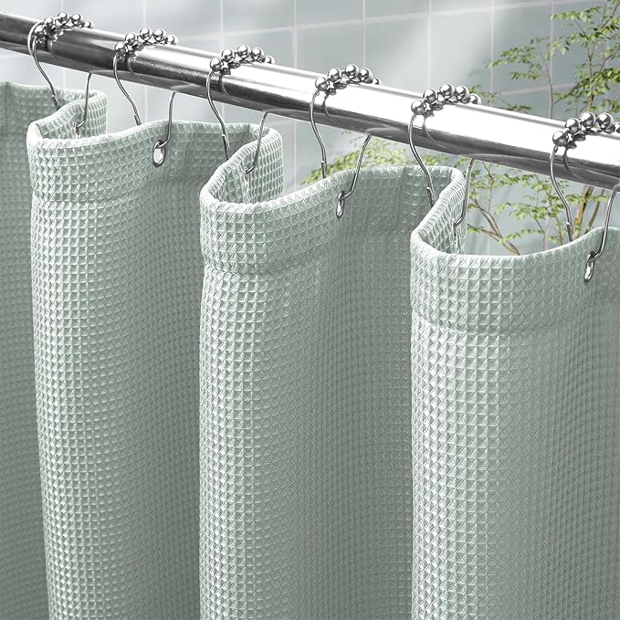 AmazerBath Grayish Green Shower Curtain Waffle Textured, Fabric Shower Curtain Dusty Green Thick Heavy Duty 240GSM Hotel Quality Bathroom Shower Curtains, Premium Polyester, 72 x 72 Inches