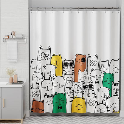 AmazerBath Shower Curtain, Washable Cute Kitty Carnival Cloth Shower Curtain Set with 12 Metal Hooks, Kawaii Waterproof Fabric Black and White Shower Curtain for Kids' Bathroom, 72x72 Inches