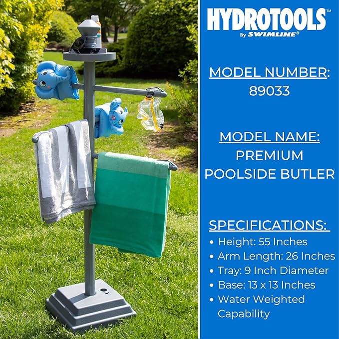 Swimline HYDROTOOLS 89033 Premium Free Standing Poolside Valet Towel Rack Adjustable with Water Weighted Base Three Arms Secure Clips for Outdoors & Indoors Pool Patio Poolside Holder Drying Stand | Holds towels plus goggles and gear on integrated lock...
