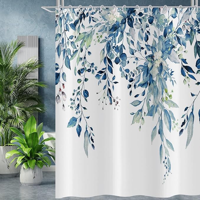 Eucalyptus Shower Curtain, Watercolor Blue Leaves on The Top Plant with Floral Bathroom Curtain Bathtub Home Decor Waterproof Fabric Machine Washable 12 Hooks Blue Eucalyptus Leaf 96''Lx72''W