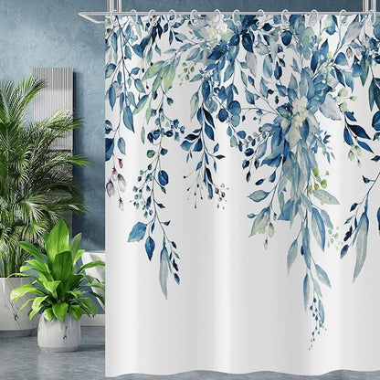 Eucalyptus Shower Curtain, Watercolor Blue Leaves on The Top Plant with Floral Bathroom Curtain Bathtub Home Decor Waterproof Fabric Machine Washable 12 Hooks Blue Eucalyptus Leaf 96''Lx72''W