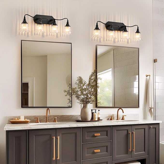 Bathroom Vanity Black Vintage Light Fixture, 4 Lights Bathroom Lighting Matte Antique Brass Finish with Crystal Glass Shade, Black Vintage Vanity Light for Bathroom‘s