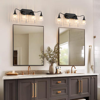 Bathroom Vanity Black Vintage Light Fixture, 4 Lights Bathroom Lighting Matte Antique Brass Finish with Crystal Glass Shade, Black Vintage Vanity Light for Bathroom‘s
