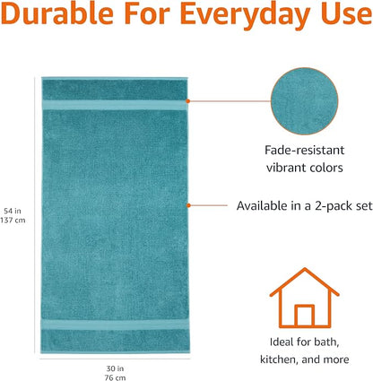 Amazon Basics Fade-Resistant 100% Cotton Bath Towel, 30"x54", Teal Green, 2-Pack
