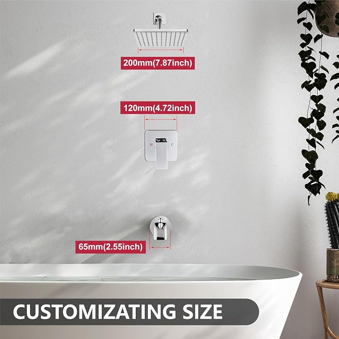 Heyalan 8-Inch Shower Faucet Set with Tub Spout and Valve, Polished Chrome | 8-inch square rainfall head, tub spout with diverter, male-thread rough-in valve, single-handle control and wall-mount design