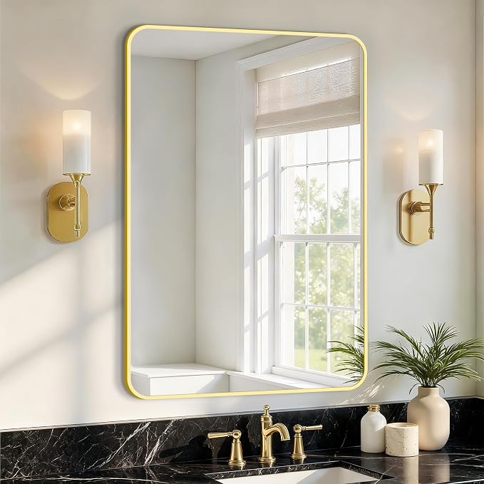Vanity Bathroom Mirror, 30”x20” Gold Bathroom Mirror for Over Sink | HD Tempered Glass, Anti-Rust Frame, Vertical or Horizontal, Wall Mirrors for Bathroom Sink, Living Room, Entryway, Bedroom