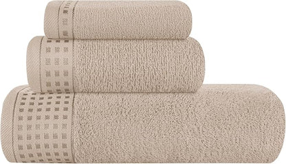 GLAMBURG Ultra Soft 3 Pack Cotton Towel Set, Contains a Bath Towel 28x55 inch, a Hand Towel 16x24 inch & a Wash Coth 12x12 inch, Ideal Everyday use, Compact & Lightweight - Tan