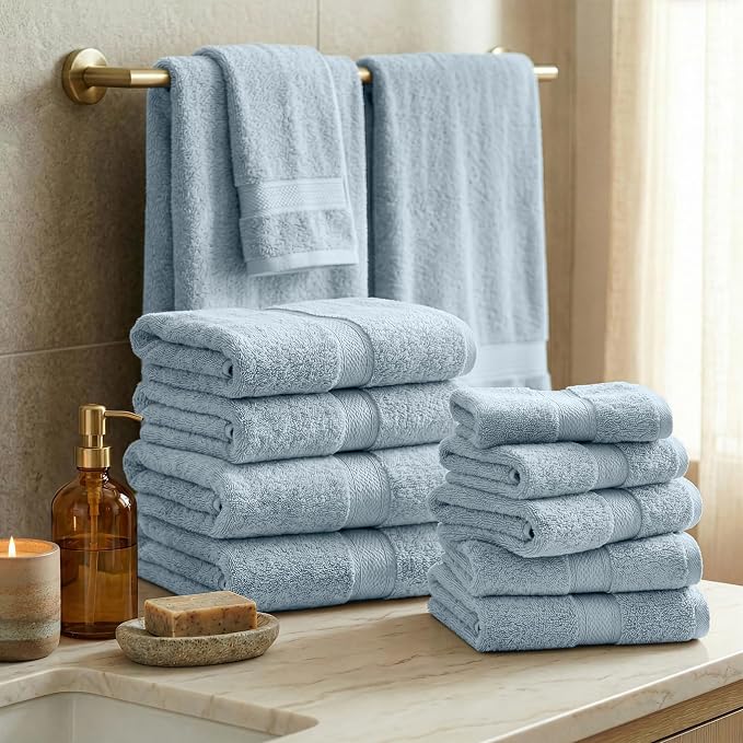 SUPERIOR Egyptian Cotton Ultra Plush & Absorbent, 12 Piece Set, Light Blue | Heavyweight 12 Pc Egyptian Cotton Towel Set Includes 4 Bath Towels 4 Hand Towels 4 Washcloths Decorative Rope Border