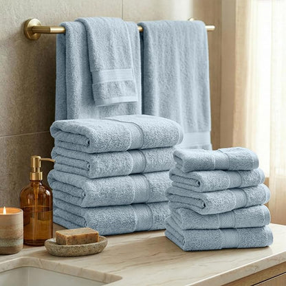 SUPERIOR Egyptian Cotton Ultra Plush & Absorbent, 12 Piece Set, Light Blue | Heavyweight 12 Pc Egyptian Cotton Towel Set Includes 4 Bath Towels 4 Hand Towels 4 Washcloths Decorative Rope Border