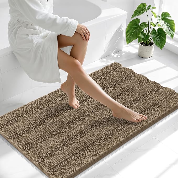 Smiry Thick Chenille Bathroom Runner Rugs 44x24, Absorbent Bath Mat, Tan | Quick‑Dry & Machine Washable, Non‑Slip Bath Carpet, Soft Striped Bath Rugs for Tub & Shower, Modern Home Decor Accessories