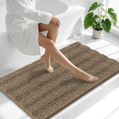 Smiry Thick Chenille Bathroom Runner Rugs 44x24, Absorbent Bath Mat, Tan | Quick‑Dry & Machine Washable, Non‑Slip Bath Carpet, Soft Striped Bath Rugs for Tub & Shower, Modern Home Decor Accessories
