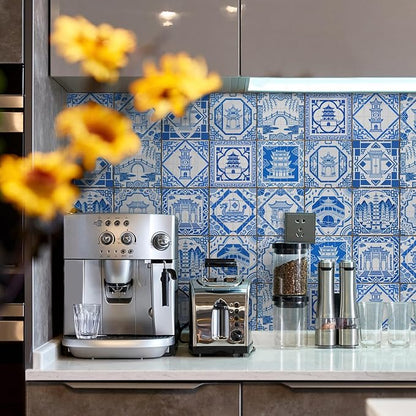 Easy Peel Stick wall Tile Stickers 6x6in Stick on backsplash Tiles,12Pcs | removable blue3D tile for kitchen RV bathroom laundry backsplash decor,Ultra-high-definition printed pogada pattern