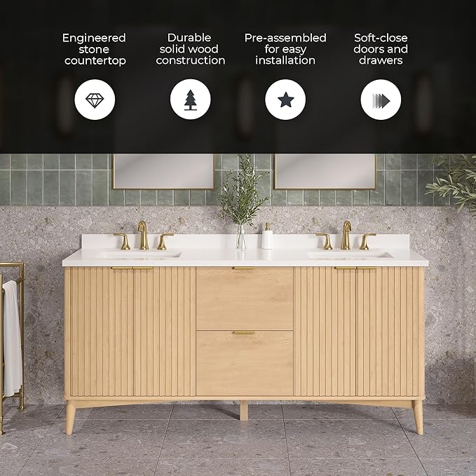 OVE Decors Indy 72 in. Undermount Double Sink Bathroom Vanity with White Engineered Marble Top, Rustic Ash