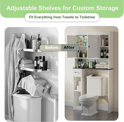Over The Toilet Storage Cabinet with 7 Shelves, Imitation Walnut Grain Above Toilet Bathroom Organizer with Toilet Paper Holder Stand, Space Saver for Restroom, Laundry, Bathroom (White)