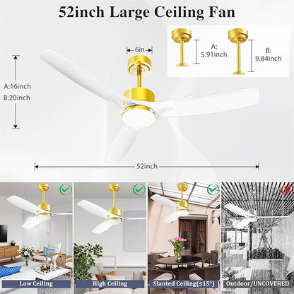 52 Inch Ceiling Fans with Lights and Remote Control - Outdoor Indoor Flush Mount Low Profile White Gold Ceiling Fans for Living Room,Bedroom,Patio