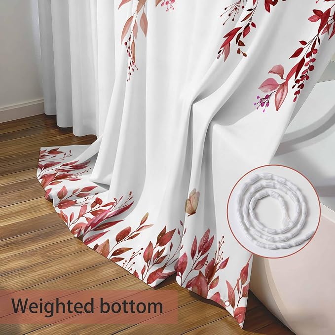 Red Floral Eucalyptus Shower Curtain with Hooks, 72x72 Inch | Waterproof Fabric, Watercolor Leaves and Floral, Botanical Style, Machine Washable, Quick-Drying, for Hotel Bathroom