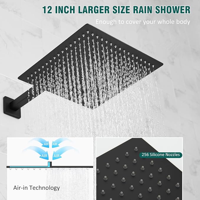 Hoimpro 12'' Rain Shower Head Shower Faucet Set with Handheld Sprayer Black | Stainless Steel Rainfall Shower Head, Shower System Fixture Combo, Square, High Pressure Vlave Trim Kit, Wall Mounted, Matte