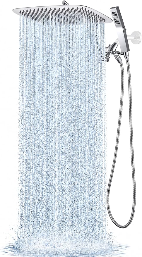 G-Promise All Metal 16 Inches Rainfall Shower Head with Handheld Combo | All Metal, Built to Last, Easy Install, Adjustable Height & Angle for All Heights, Extra Long Hose, Modern Upgrade