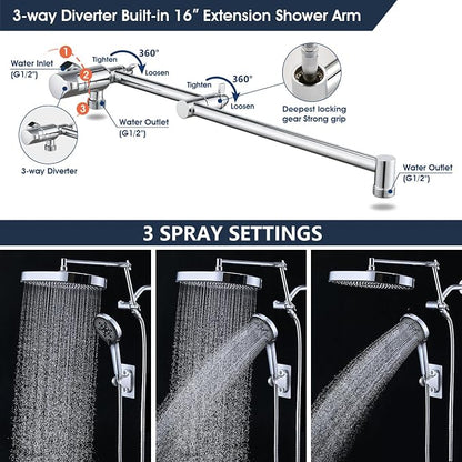 PDPBath 14 Inch Rain Shower Head with 5+1 Settings Handheld Spray Combo, High Pressure Rainfall Shower Head with 16'' Upgrade Adjustable Extension Arm, 79" Extra Long Hose, 3-Way Diverter, Chrome