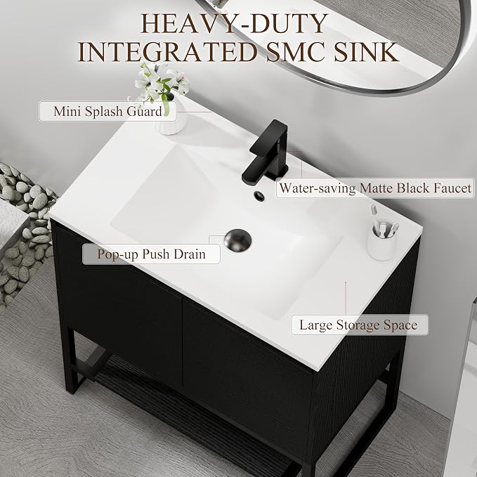 LUCKWIND 30" Modern Bathroom Vanity with Single White Sink Combo, Freestanding Storage Cabinet with Metal Frame, Matte Black Faucet and Open Shelf and 2 Soft-Closing Door, Black