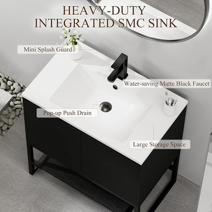 LUCKWIND 30" Modern Bathroom Vanity with Single White Sink Combo, Freestanding Storage Cabinet with Metal Frame, Matte Black Faucet and Open Shelf and 2 Soft-Closing Door, Black