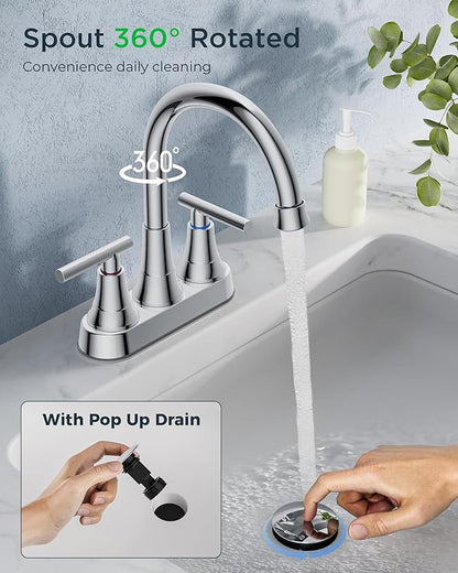 FORIOUS 4 Inch Bathroom Faucets for Sink 2 or 3 Hole, Chrome Centerset Bathroom Sink Faucet with Pop up Drain and cUPC Hose, 360° spout, Two Handles for Restroom,Vanity, RV Remodel