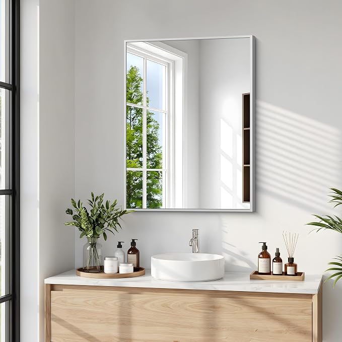 BONEWEI Silver Bathroom Mirror,20x24 inch Wall Mirror for Bathroom Wall Mounted,Rectangle Mirror for Bathroom Over Sink,Modern Metal Frame for Living Room,Bedroom Entryway,Horizontal/Vertical