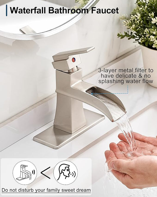 Waterfall Bathroom Sink Faucet, Brass Brushed Nickel Bathroom Faucet One Handle, 4 Inch Single Hole or 3 Holes with Pop-Up Drain, Supply Hoses & Deck Plate for Vanity Lavatory RV, 5 Mins Install
