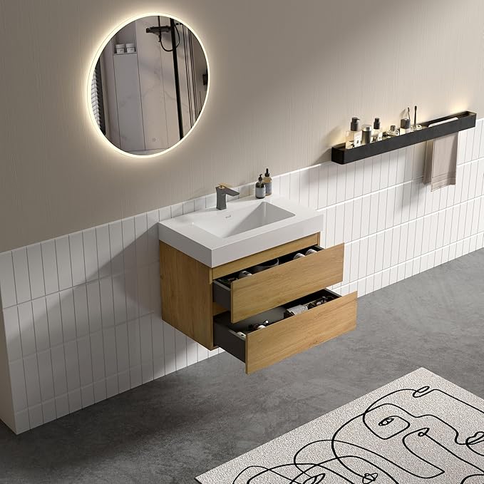 30" Floating Bathroom Vanity with Sink, Modern Bathroom Cabinet with Top and Soft Close Drawers, Spacious Storage for Small Space, Natural Oak - Lavanda Collection