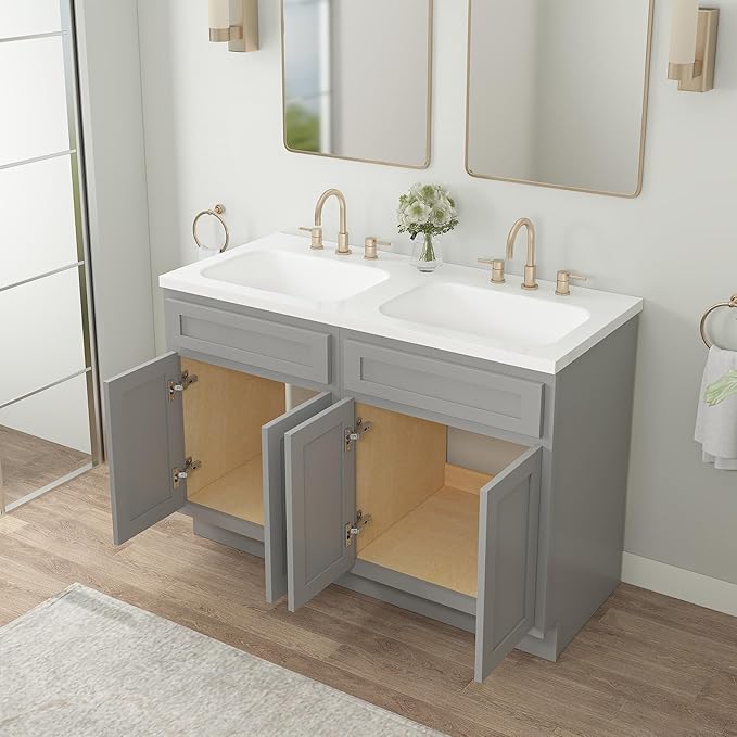 Vanity Art 48 Inch Bathroom Base Cabinet Only, Double Sink Top (Not Include Sink) with Door & Soft Close Hinge, Unassembled Floor Cabinet, Grey, 2ea 24 Inch Combo