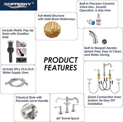 Porcelain 2-Handle Bathroom Faucets Brushed Nickel 8 inch Widespread with Plastic Pop-Up Drain & 2Pcs Water Supply Lines, Classical Vanity Sink Faucet for 3 Holes, 360° Swivel Brass Spout