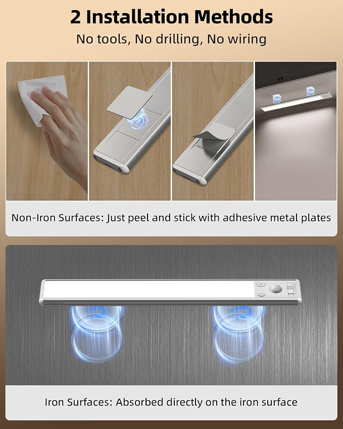 EZVALO Under Cabinet Lighting, 3500mAh Rechargeable Motion Sensor Light Indoor, 3 Color Temps, 5-Level Dimmable Magnetic Wireless Closet Lights for Kitchen, Pantry, Stairs (2 Pack)
