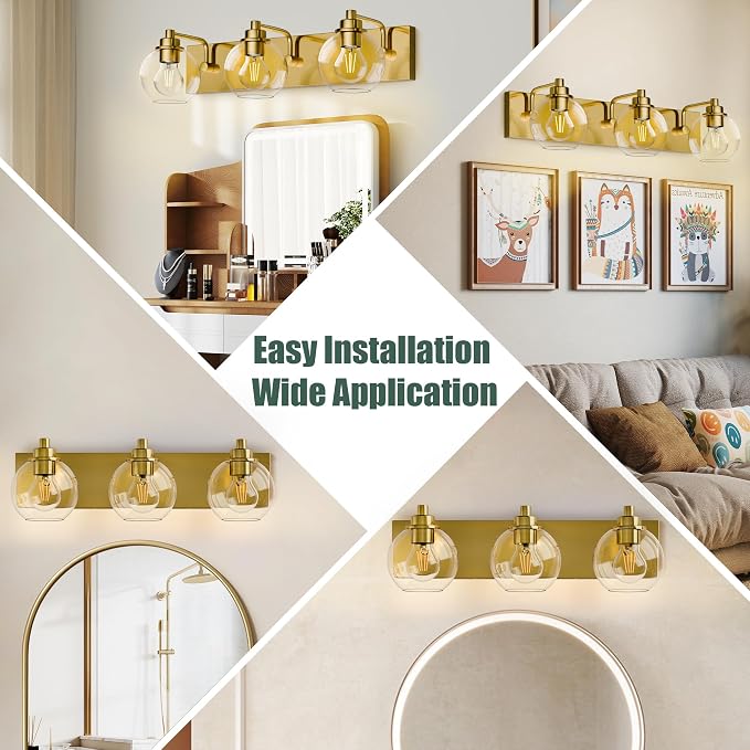 3 Light Bathroom Light Fixtures-Brushed Gold Bathroom Vanity Lights, Modern Vanity Lights 3-Light Bathroom Lighting Fixtures Over Mirror with Clear Glass Globe Shade