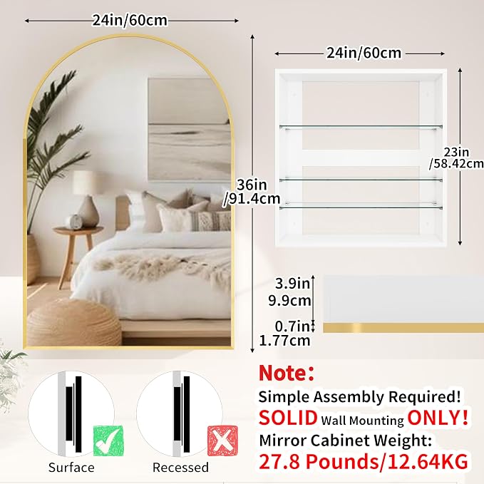 Gold Medicine Cabinet with Mirror,Bathroom Arched Medicine Cabinet Wall Mounted,Modern Vanity Mirror with Storage,Bathroom Storage Cabinet with Adjustable Shelves,Not Recessed,24x36 Inch