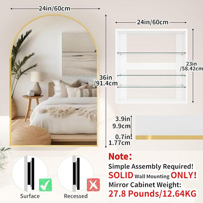 Gold Medicine Cabinet with Mirror,Bathroom Arched Medicine Cabinet Wall Mounted,Modern Vanity Mirror with Storage,Bathroom Storage Cabinet with Adjustable Shelves,Not Recessed,24x36 Inch