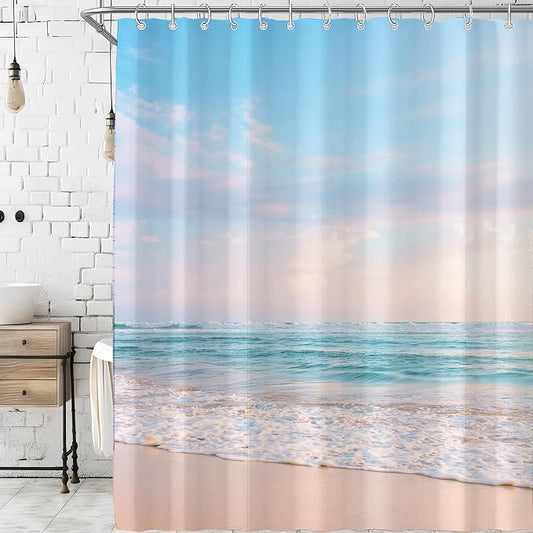 Extra Long Ocean Beach Coastal Seaside Shower Curtain for Bathroom 72W*84H Inch Nautical Summer Seacoast Beachy Waves Seascape Nature Bathtub Decor Waterproof Polyester Fabric Set