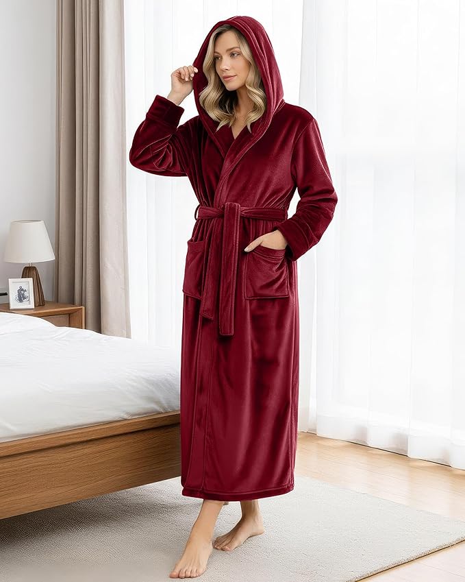 NY Threads Women's Fleece Hooded Bathrobe Plush Long Spa Robe, Medium