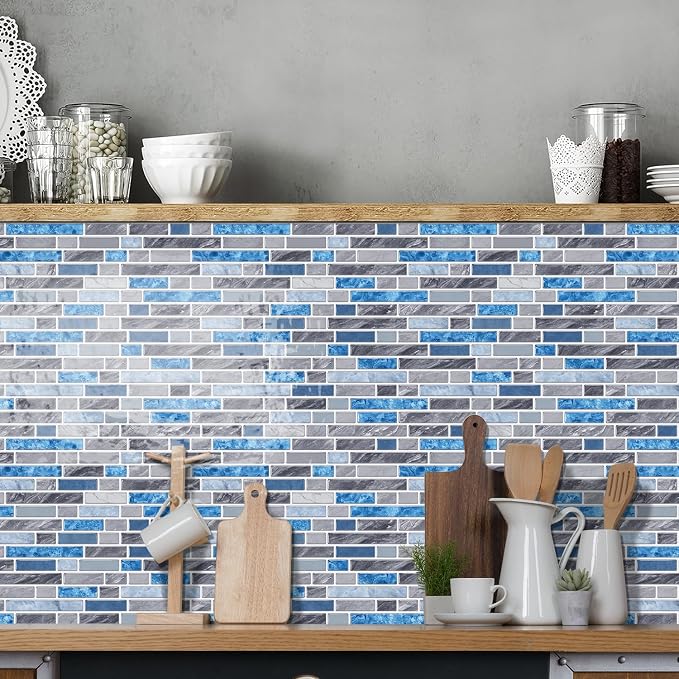 Alwayspon 10 Sheets 12" x12inch Grey and Blue Marble Effect Vinyl Tiles, Backsplash, Self-Adhesive Peel and Stick Wall Tile Stickers, Stick on Subway Tiles for Kitchen Bathroom Wall Decor