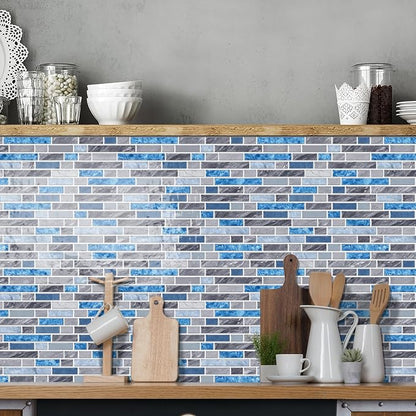 Alwayspon 10 Sheets 12" x12inch Grey and Blue Marble Effect Vinyl Tiles, Backsplash, Self-Adhesive Peel and Stick Wall Tile Stickers, Stick on Subway Tiles for Kitchen Bathroom Wall Decor