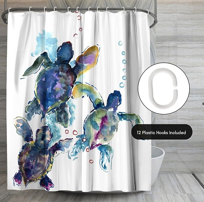 Americanflat 71x74 Sea Turtle Shower Curtain - Water-Resistant Long Shower Curtain with Durable Metal Grommets and 12 Hooks - 100% Polyester - Blue, Purple, Green and White
