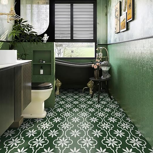 MORCART Peel and Stick Floor Tile, Vinyl Flooring Waterproof, DIY Flooring for Bathroom, Kitchen, Fireplace, Pet House, Stairs, Bedrooms, Wall (20PCS,7.87" x 7.87",FT1688 Dark Green+White)