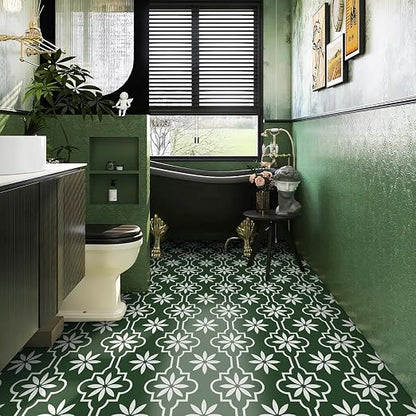 MORCART Peel and Stick Floor Tile, Vinyl Flooring Waterproof, DIY Flooring for Bathroom, Kitchen, Fireplace, Pet House, Stairs, Bedrooms, Wall (20PCS,7.87" x 7.87",FT1688 Dark Green+White)