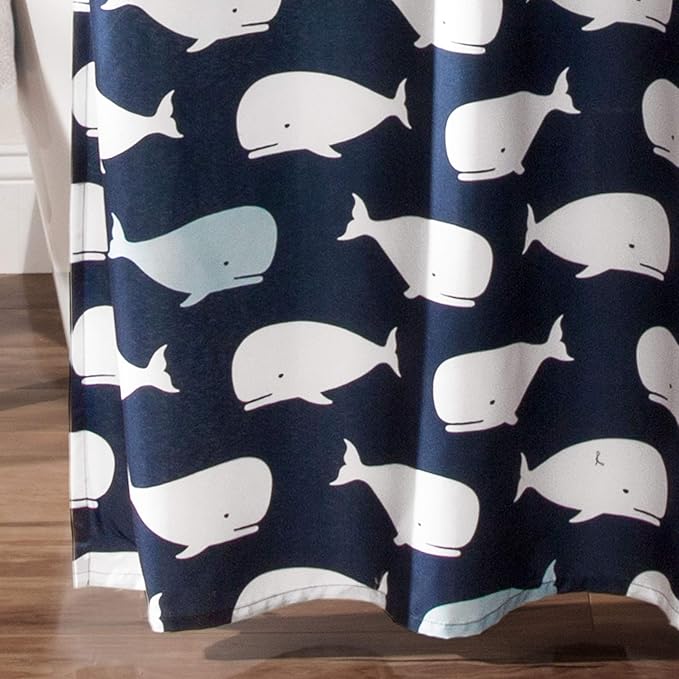 Lush Decor Whale Shower Curtain - Fabric Ocean Fish Animal Print Design for Kids, 72" x 72", Navy