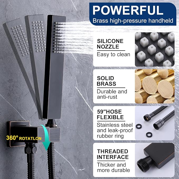 Rain Shower Head System with 14x20 Inch Ceiling Mount LED Head & 6 Inch Wall Head and Handheld Shower 3 Way Pressure Balance Valve Kit, Oil Rubbed Bronz