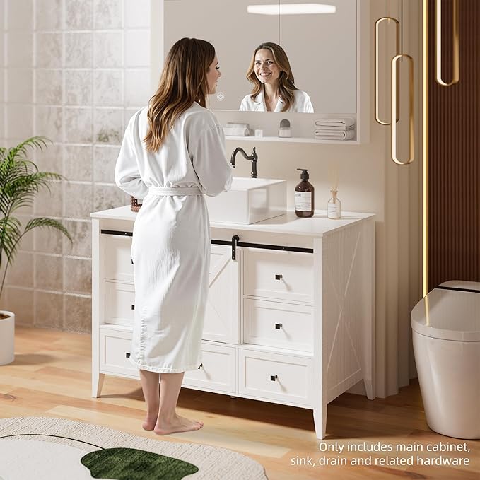 VNN Bathroom Vanity with Sink - 48 Inch Bathroom Vanity with Sink Ceramic, Freestanding Cabinet with Farmhouse Sliding Barn Door and 7 Drawers, Space-Saving Storage Cabinet, Wood Grain Texture, White