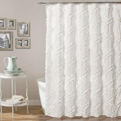 Lush Decor Ruffle Diamond Shower Curtain 72"L x 72"L White - Fabric Shower Curtains for Bathroom - White Bathroom Curtain - Vintage Farmhouse Decor