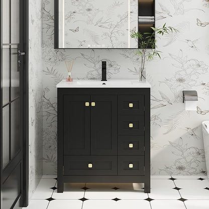 eclife 30" Bathroom Vanities with Sink Combo, Modern Thickened Wood Bathroom Storage Cabinet w/Undermount Sink, Matte Black Faucet Drain, Painted Surface, Black