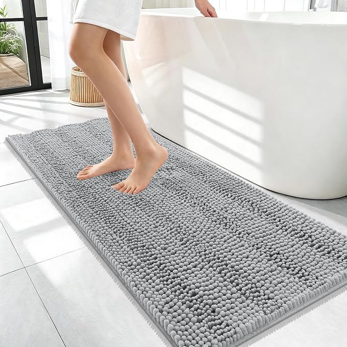 OLANLY Thick Bathroom Runner Rugs 47x17, Chenille Bath Rugs, Light Grey | Absorbent Striped, Rubber Backing, Machine Wash, Long Bath Mats for Bathroom Floor, Tub and Shower, Home Decor Accessories