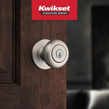 Kwikset Juno Entry Door Knob with Lock and Key, Secure Keyed Handle Exterior, Front Entrance and Bedroom, Satin Nickel, Pick Resistant SmartKey Rekey Security and Microban, 2