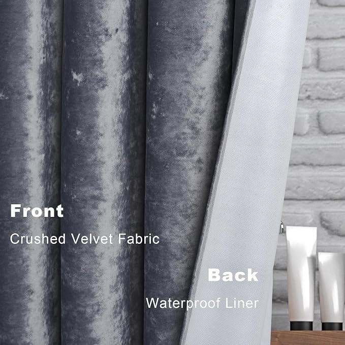TAMGHO Crushed Velvet Shower Curtain, Grey, 72" x 72” | Coordinating Gold Grommets and Hooks, Machine Washable, Water Repellent